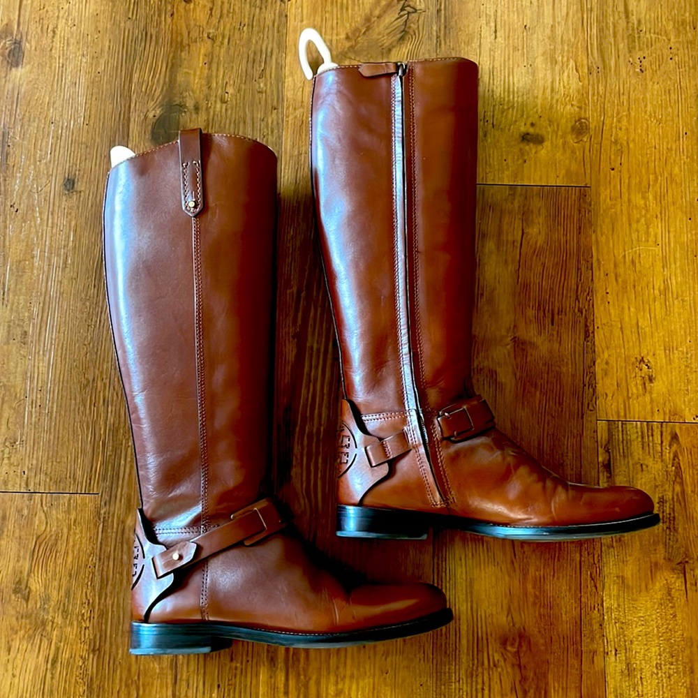 Tory Burch Logo Riding Boots, Brown Leather, Size 8M